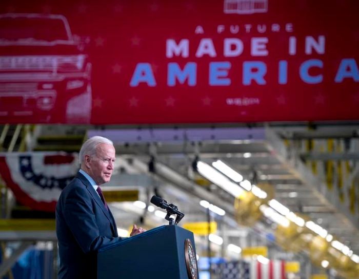 President Biden speaks at the General Motors Factory ZERO electric vehicle assembly plant in Detroit on Nov. 17, 2021.