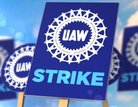 UAW strike logo on picket sign