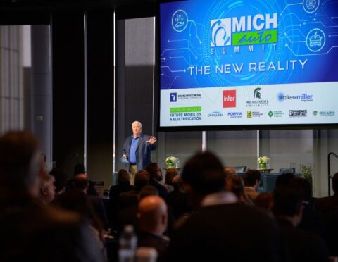 Glenn Stevens Jr. speaks at the 2023 MICHauto Summit