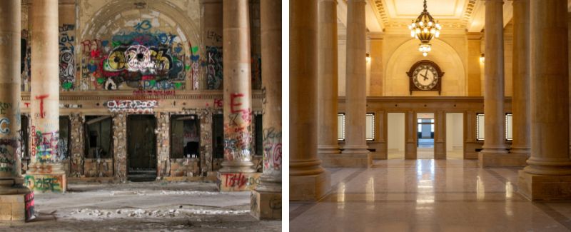 Before and after interior shots of Michigan Central
