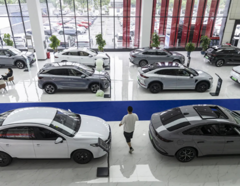 BYD electric vehicles at a showroom in Shanghai in 2025.