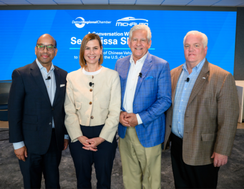 Sandy K. Baruah, Elissa Slotkin, Guy Gordon, and Glenn Stevens Jr. at a roundtable at the Detroit Regional Chamber.