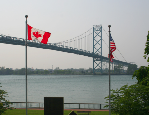 Windsor, ON, Canada-May 24,2007:Ambassador Suspension Bridge and Flags